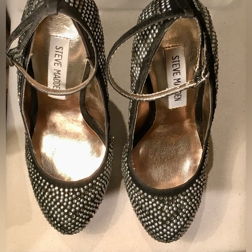 STEVE MADDEN GOSSIP Black Silver Metallic platform Sculpted heels Geometric SZ 6 - Picture 3 of 10